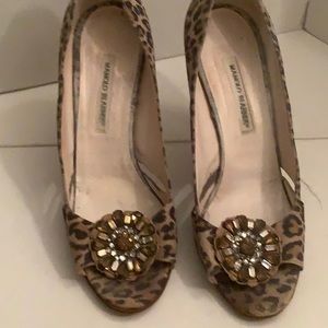 Manolo Blahnik  worn used and enjoyed pony hair medium heel with jewel detail